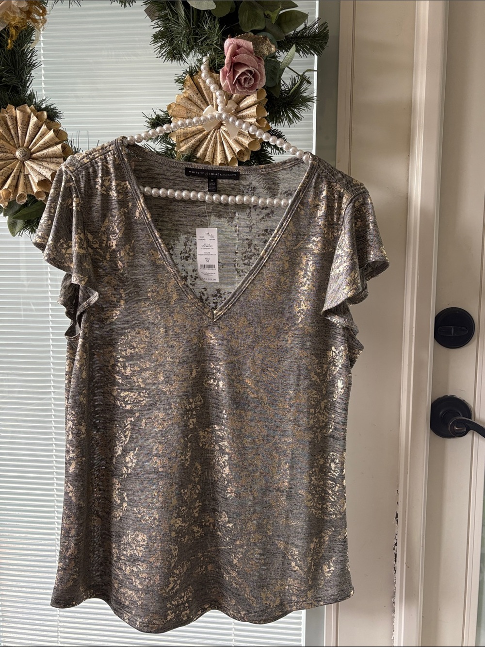 White House Black Market Metallic Gold-Gray V-Neck Flutter Sleeve Top WHBM